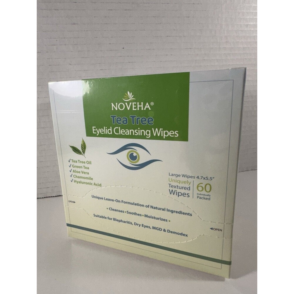 Noveha Tea Tree Eyelid & Lash Cleansing Wipes Green Tea 60 Packs Exp 01/2028
